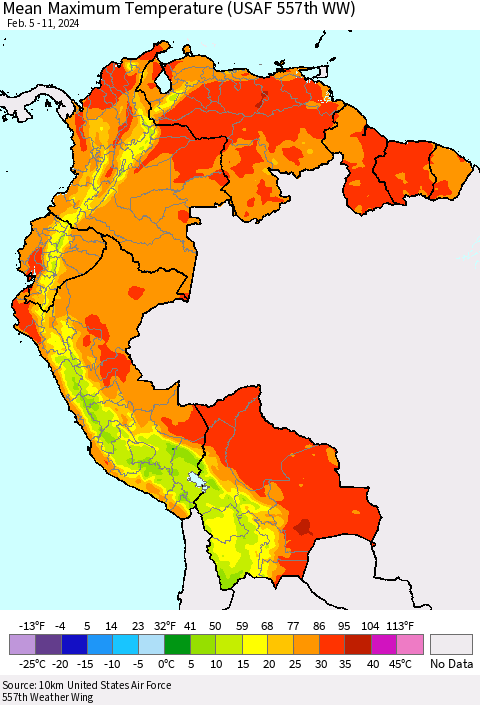 Northern South America Mean Maximum Temperature (USAF 557th WW) Thematic Map For 2/5/2024 - 2/11/2024