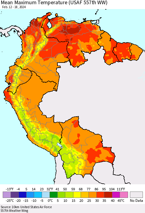 Northern South America Mean Maximum Temperature (USAF 557th WW) Thematic Map For 2/12/2024 - 2/18/2024