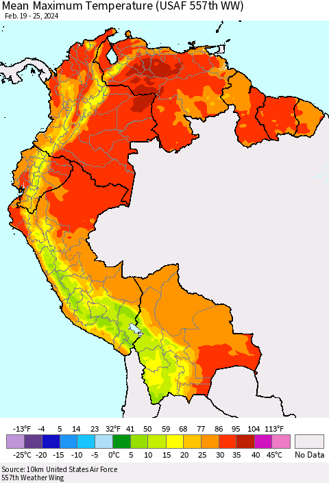 Northern South America Mean Maximum Temperature (USAF 557th WW) Thematic Map For 2/19/2024 - 2/25/2024