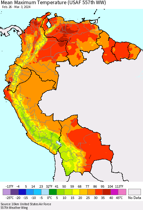 Northern South America Mean Maximum Temperature (USAF 557th WW) Thematic Map For 2/26/2024 - 3/3/2024