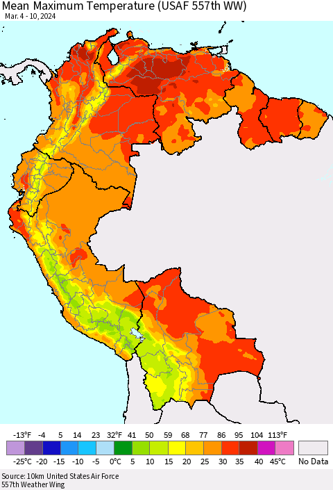 Northern South America Mean Maximum Temperature (USAF 557th WW) Thematic Map For 3/4/2024 - 3/10/2024