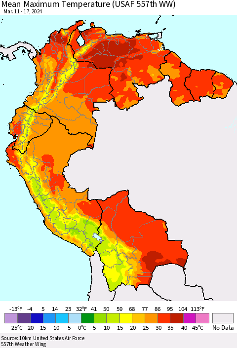 Northern South America Mean Maximum Temperature (USAF 557th WW) Thematic Map For 3/11/2024 - 3/17/2024
