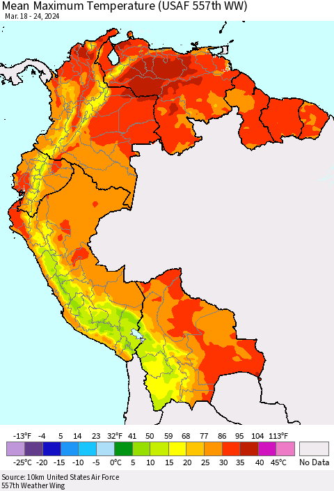 Northern South America Mean Maximum Temperature (USAF 557th WW) Thematic Map For 3/18/2024 - 3/24/2024
