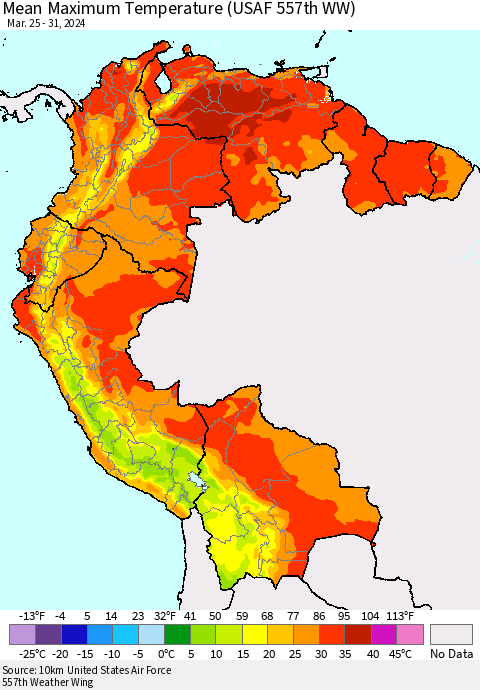 Northern South America Mean Maximum Temperature (USAF 557th WW) Thematic Map For 3/25/2024 - 3/31/2024