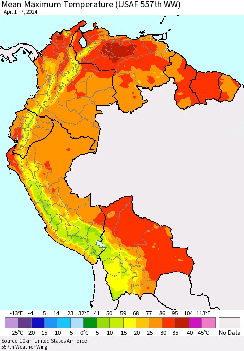 Northern South America Mean Maximum Temperature (USAF 557th WW) Thematic Map For 4/1/2024 - 4/7/2024