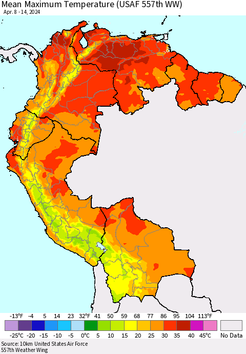 Northern South America Mean Maximum Temperature (USAF 557th WW) Thematic Map For 4/8/2024 - 4/14/2024