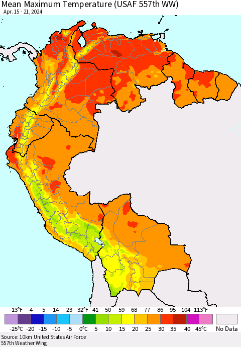Northern South America Mean Maximum Temperature (USAF 557th WW) Thematic Map For 4/15/2024 - 4/21/2024