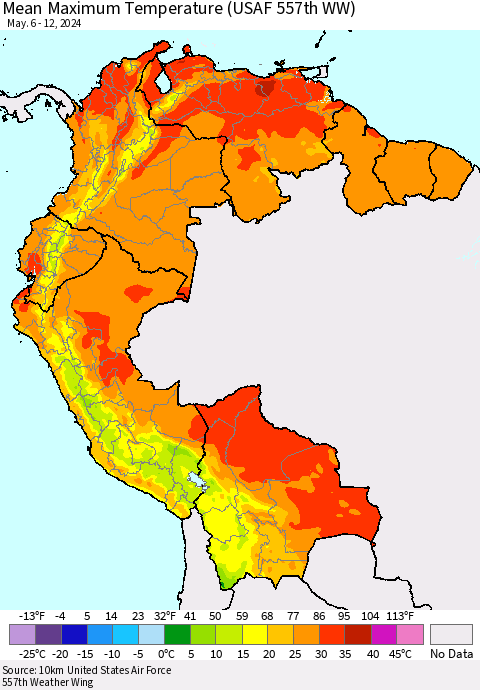 Northern South America Mean Maximum Temperature (USAF 557th WW) Thematic Map For 5/6/2024 - 5/12/2024