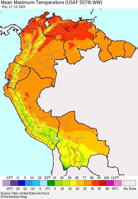 Northern South America Mean Maximum Temperature (USAF 557th WW) Thematic Map For 5/13/2024 - 5/19/2024