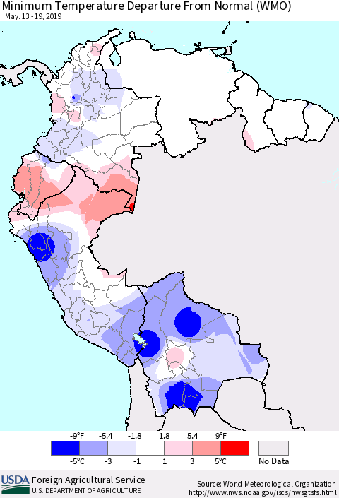 Northern South America Mean Minimum Temperature Departure from Normal (WMO) Thematic Map For 5/13/2019 - 5/19/2019