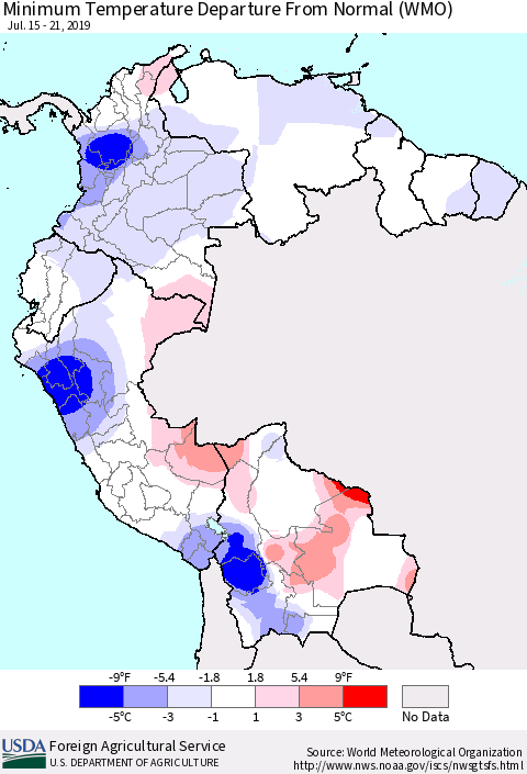Northern South America Mean Minimum Temperature Departure from Normal (WMO) Thematic Map For 7/15/2019 - 7/21/2019