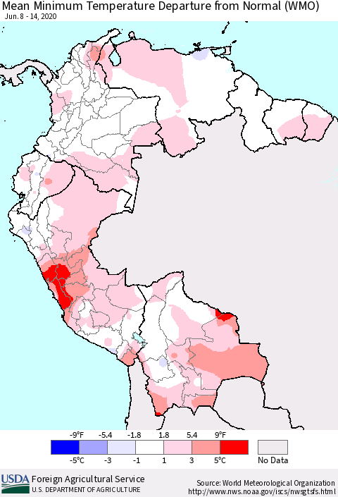 Northern South America Minimum Temperature Departure From Normal (WMO) Thematic Map For 6/8/2020 - 6/14/2020