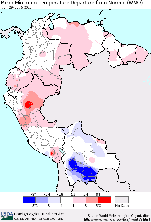 Northern South America Mean Minimum Temperature Departure from Normal (WMO) Thematic Map For 6/29/2020 - 7/5/2020