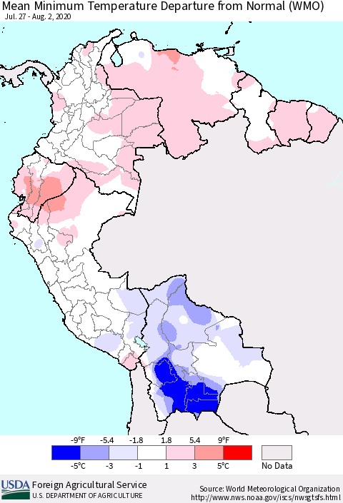 Northern South America Minimum Temperature Departure From Normal (WMO) Thematic Map For 7/27/2020 - 8/2/2020