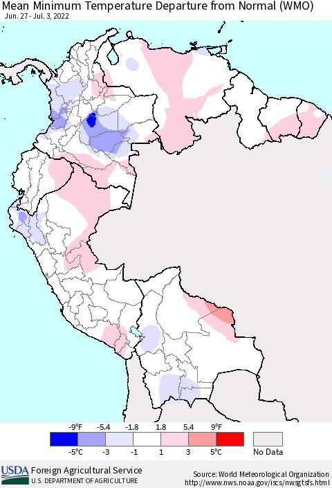 Northern South America Mean Minimum Temperature Departure from Normal (WMO) Thematic Map For 6/27/2022 - 7/3/2022
