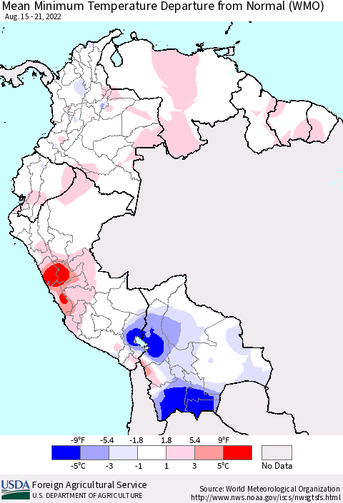 Northern South America Mean Minimum Temperature Departure from Normal (WMO) Thematic Map For 8/15/2022 - 8/21/2022