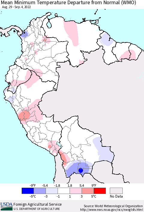 Northern South America Mean Minimum Temperature Departure from Normal (WMO) Thematic Map For 8/29/2022 - 9/4/2022
