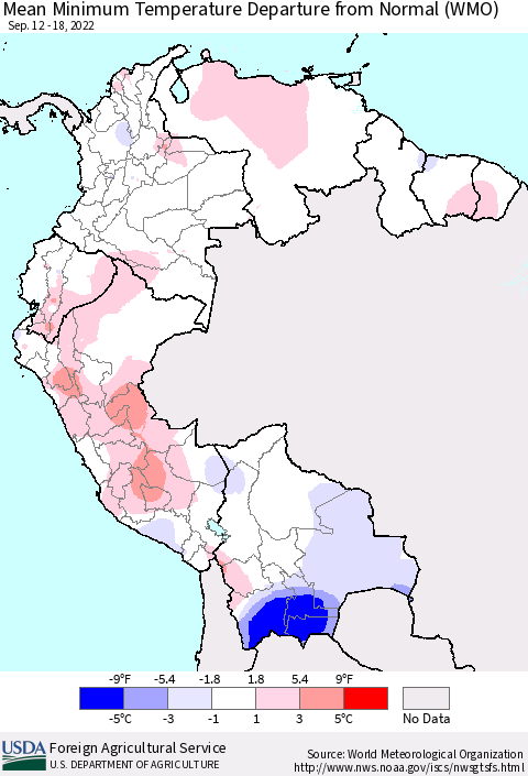 Northern South America Mean Minimum Temperature Departure from Normal (WMO) Thematic Map For 9/12/2022 - 9/18/2022