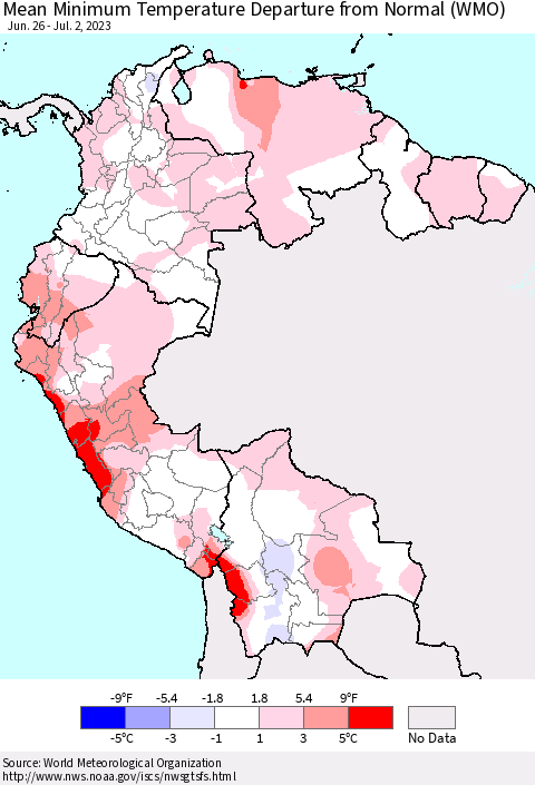 Northern South America Mean Minimum Temperature Departure from Normal (WMO) Thematic Map For 6/26/2023 - 7/2/2023