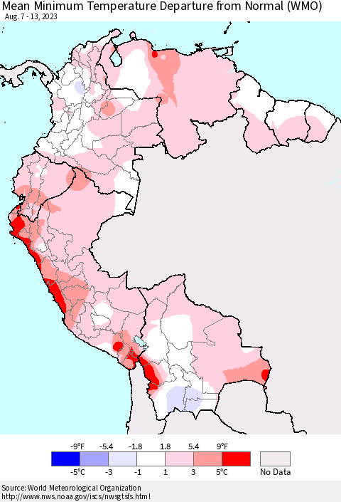 Northern South America Mean Minimum Temperature Departure from Normal (WMO) Thematic Map For 8/7/2023 - 8/13/2023