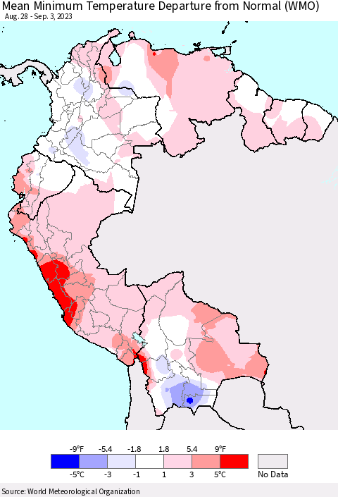 Northern South America Mean Minimum Temperature Departure from Normal (WMO) Thematic Map For 8/28/2023 - 9/3/2023