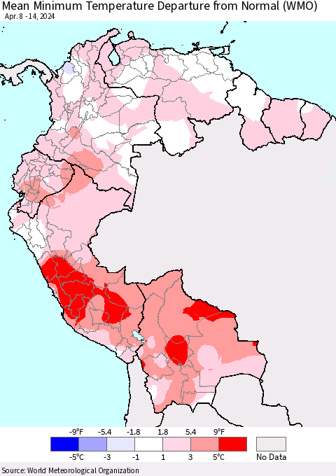Northern South America Mean Minimum Temperature Departure from Normal (WMO) Thematic Map For 4/8/2024 - 4/14/2024