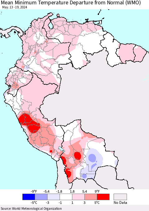 Northern South America Mean Minimum Temperature Departure from Normal (WMO) Thematic Map For 5/13/2024 - 5/19/2024