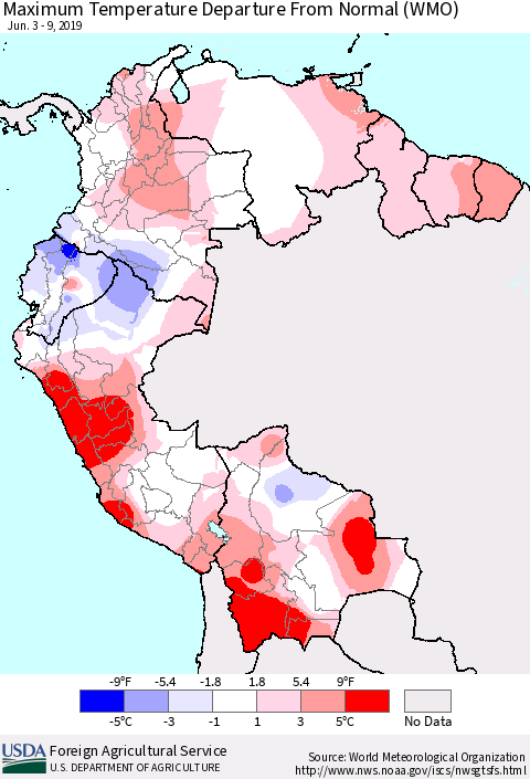 Northern South America Mean Maximum Temperature Departure from Normal (WMO) Thematic Map For 6/3/2019 - 6/9/2019