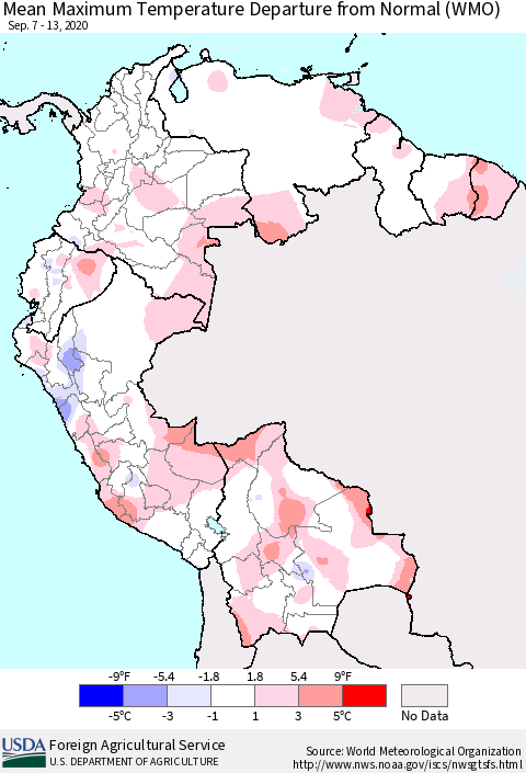 Northern South America Maximum Temperature Departure From Normal (WMO) Thematic Map For 9/7/2020 - 9/13/2020