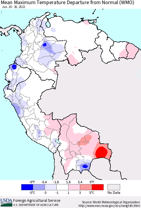 Northern South America Mean Maximum Temperature Departure from Normal (WMO) Thematic Map For 6/20/2022 - 6/26/2022