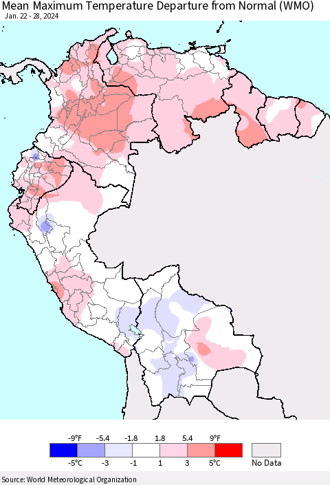 Northern South America Mean Maximum Temperature Departure from Normal (WMO) Thematic Map For 1/22/2024 - 1/28/2024