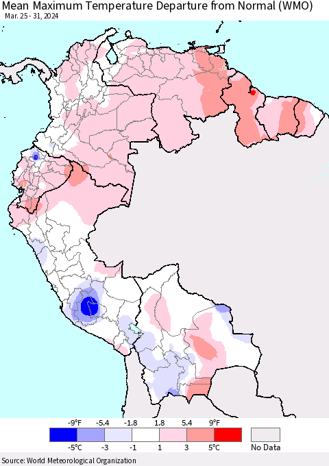 Northern South America Mean Maximum Temperature Departure from Normal (WMO) Thematic Map For 3/25/2024 - 3/31/2024