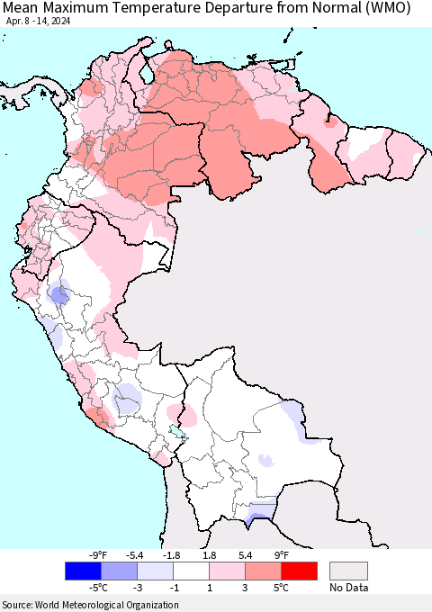 Northern South America Mean Maximum Temperature Departure from Normal (WMO) Thematic Map For 4/8/2024 - 4/14/2024