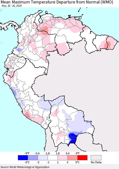 Northern South America Mean Maximum Temperature Departure from Normal (WMO) Thematic Map For 5/20/2024 - 5/26/2024