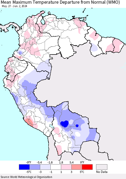 Northern South America Mean Maximum Temperature Departure from Normal (WMO) Thematic Map For 5/27/2024 - 6/2/2024