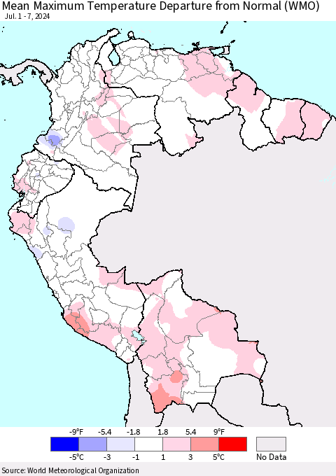 Northern South America Mean Maximum Temperature Departure from Normal (WMO) Thematic Map For 7/1/2024 - 7/7/2024