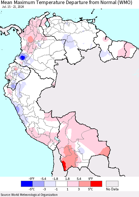 Northern South America Mean Maximum Temperature Departure from Normal (WMO) Thematic Map For 7/15/2024 - 7/21/2024