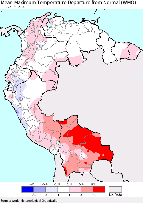 Northern South America Mean Maximum Temperature Departure from Normal (WMO) Thematic Map For 7/22/2024 - 7/28/2024