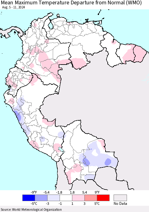 Northern South America Mean Maximum Temperature Departure from Normal (WMO) Thematic Map For 8/5/2024 - 8/11/2024