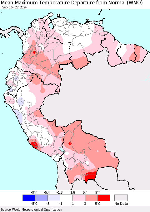 Northern South America Mean Maximum Temperature Departure from Normal (WMO) Thematic Map For 9/16/2024 - 9/22/2024