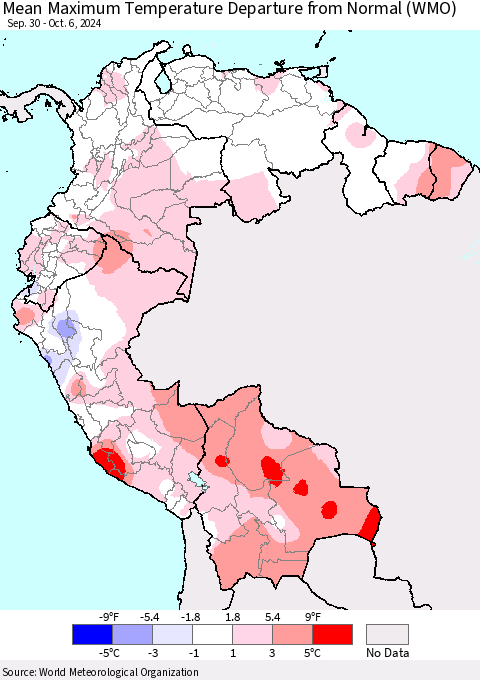 Northern South America Mean Maximum Temperature Departure from Normal (WMO) Thematic Map For 9/30/2024 - 10/6/2024
