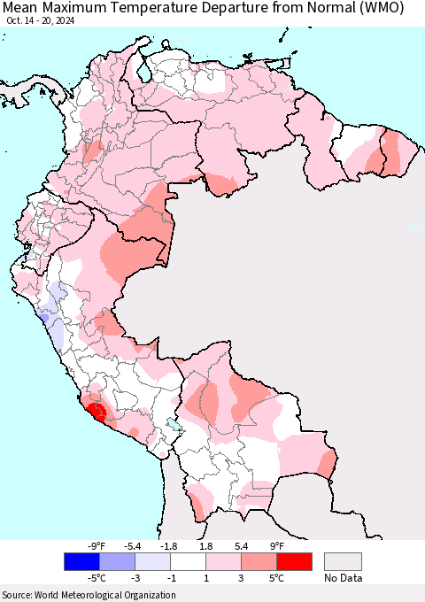 Northern South America Mean Maximum Temperature Departure from Normal (WMO) Thematic Map For 10/14/2024 - 10/20/2024
