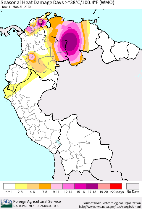 Northern South America Seasonal Heat Damage Days >=38°C/100°F (WMO) Thematic Map For 11/1/2019 - 3/31/2020