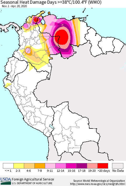 Northern South America Seasonal Heat Damage Days >=38°C/100°F (WMO) Thematic Map For 11/1/2019 - 4/20/2020
