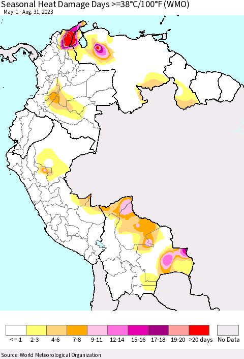 Northern South America Seasonal Heat Damage Days >=38°C/100°F (WMO) Thematic Map For 5/1/2023 - 8/31/2023