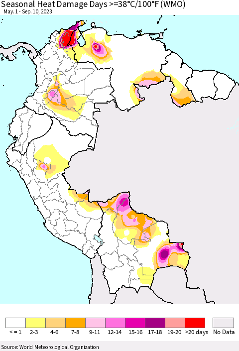 Northern South America Seasonal Heat Damage Days >=38°C/100°F (WMO) Thematic Map For 5/1/2023 - 9/10/2023