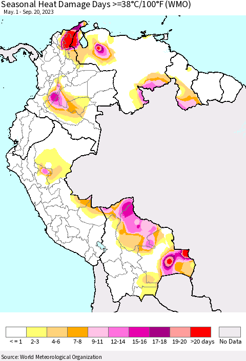Northern South America Seasonal Heat Damage Days >=38°C/100°F (WMO) Thematic Map For 5/1/2023 - 9/20/2023