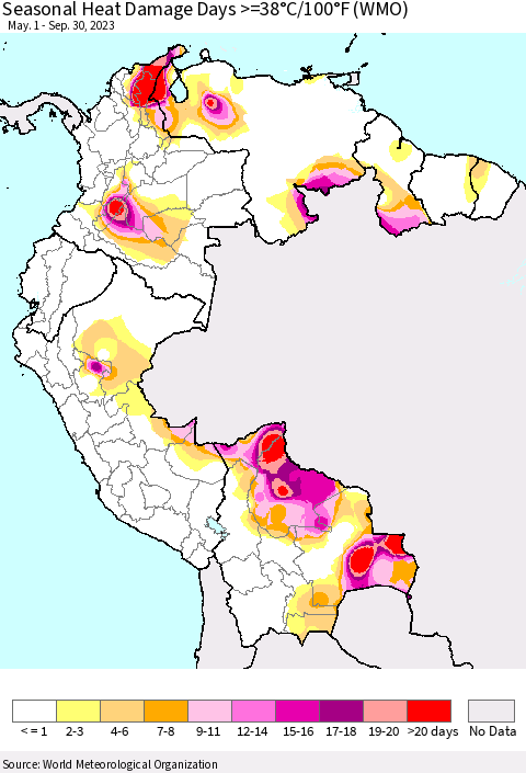 Northern South America Seasonal Heat Damage Days >=38°C/100°F (WMO) Thematic Map For 5/1/2023 - 9/30/2023