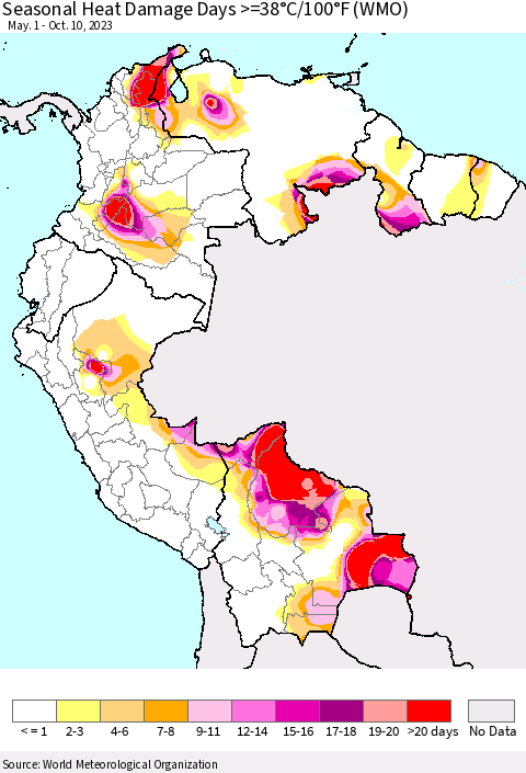 Northern South America Seasonal Heat Damage Days >=38°C/100°F (WMO) Thematic Map For 5/1/2023 - 10/10/2023