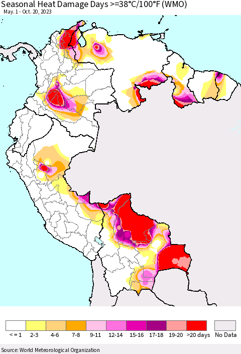 Northern South America Seasonal Heat Damage Days >=38°C/100°F (WMO) Thematic Map For 5/1/2023 - 10/20/2023